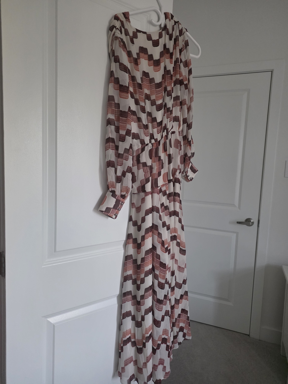 White House Black Market Cream Maxi Dress with Rust & Brown Geometric Print